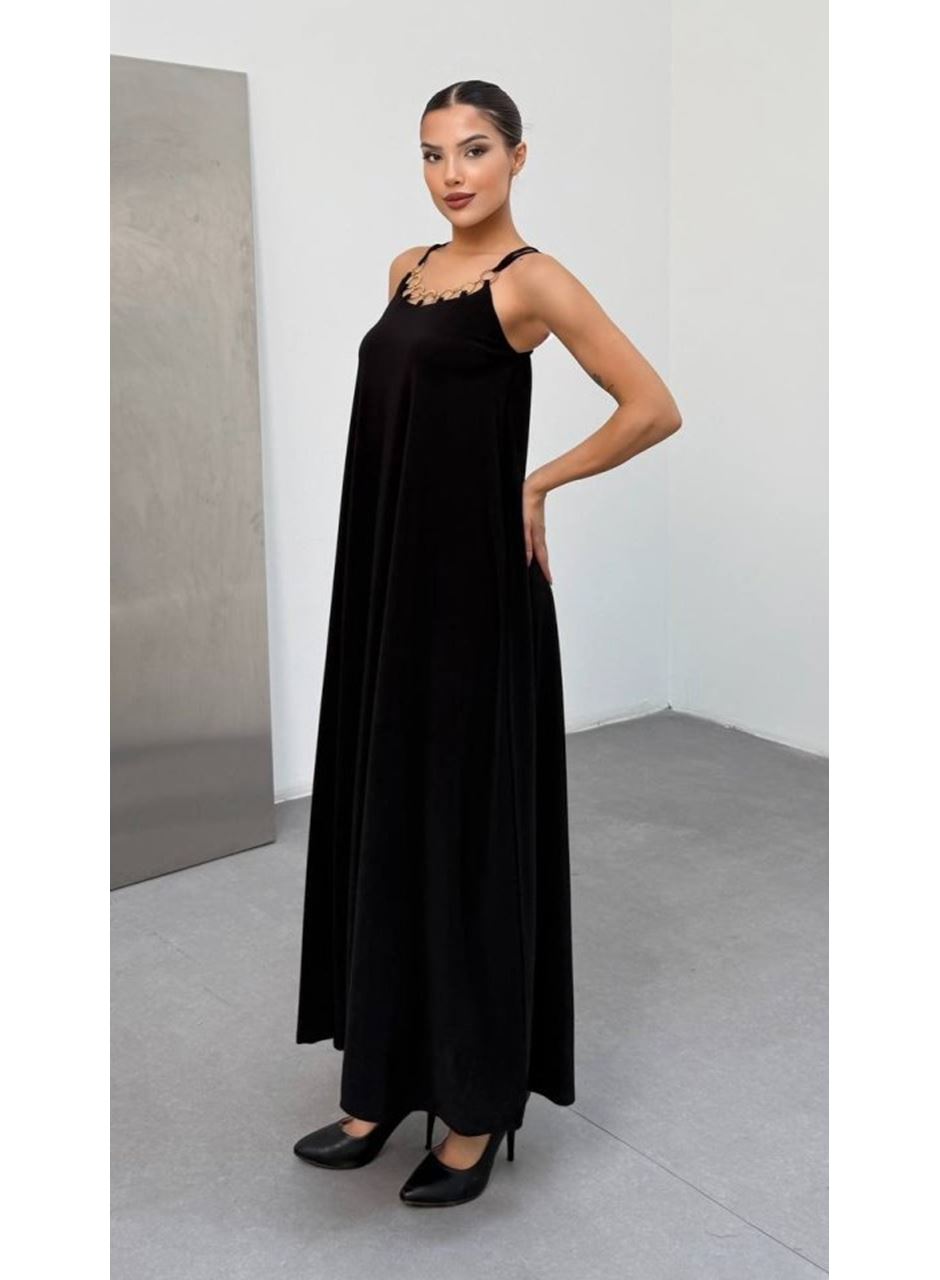 Kadın Omuz Askılı Kuş Gözü Zincir Detay Sandy Kumaş Maxi Boy Elbise