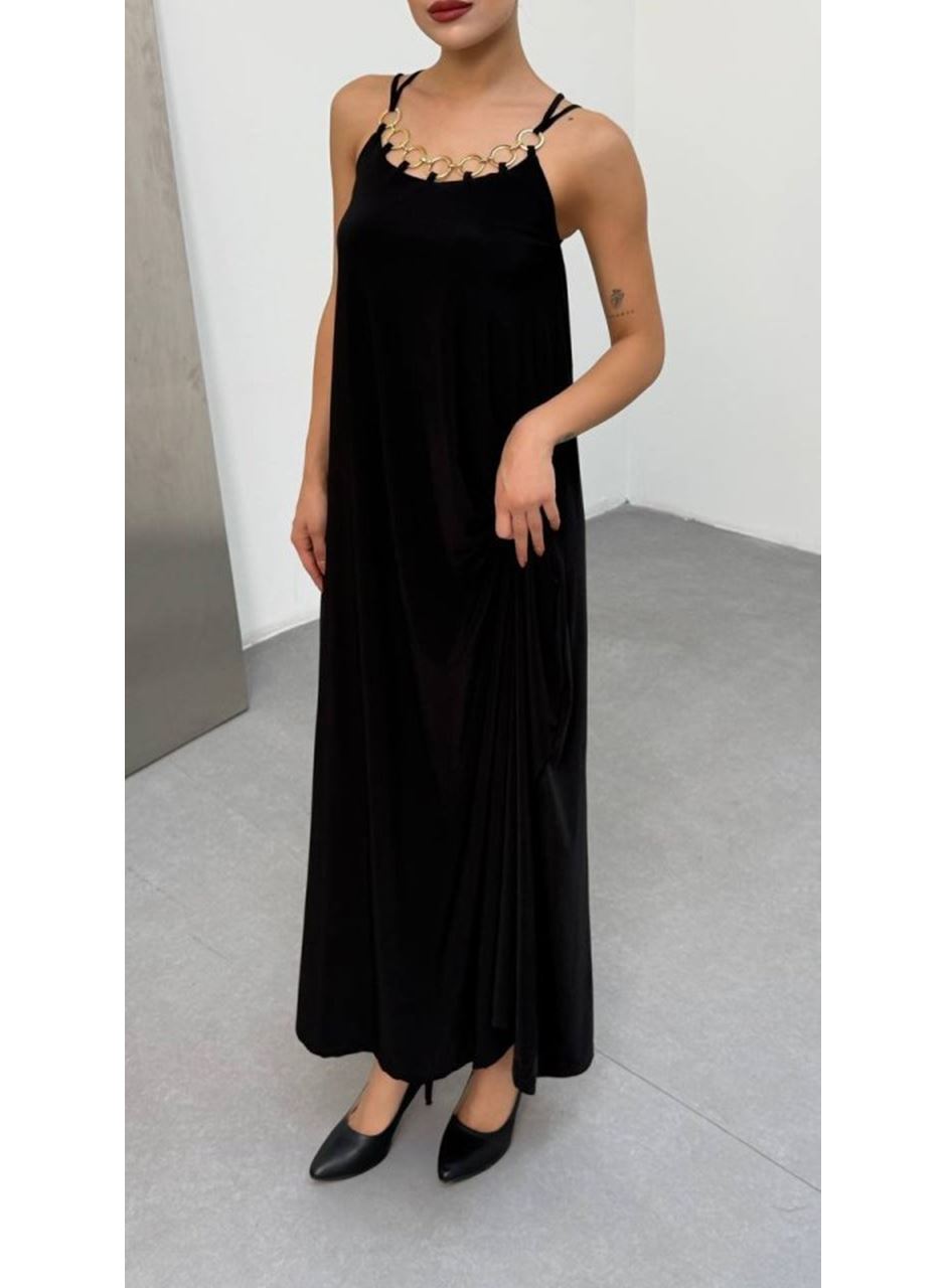 Kadın Omuz Askılı Kuş Gözü Zincir Detay Sandy Kumaş Maxi Boy Elbise