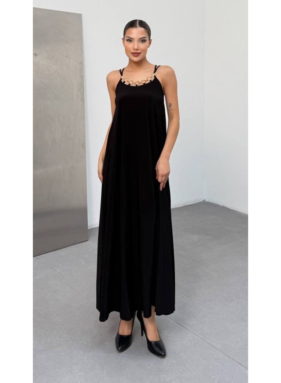 Kadın Omuz Askılı Kuş Gözü Zincir Detay Sandy Kumaş Maxi Boy Elbise