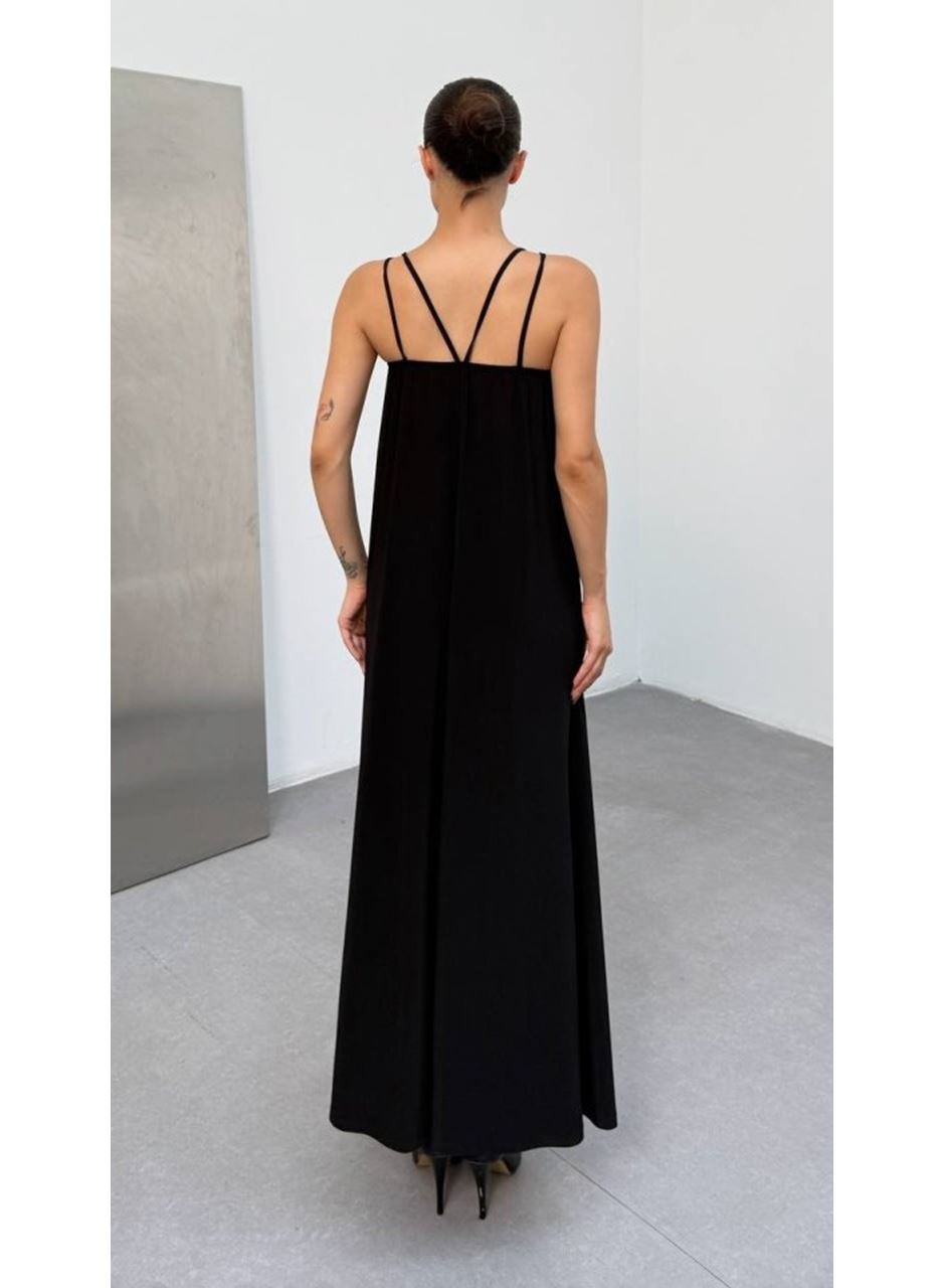 Kadın Omuz Askılı Kuş Gözü Zincir Detay Sandy Kumaş Maxi Boy Elbise