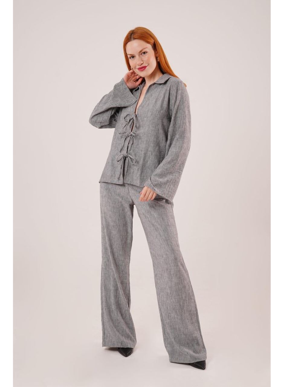 Ön Bağlama Detaylı Pantolon Ve Gömlek Antrasit İkili Takım
