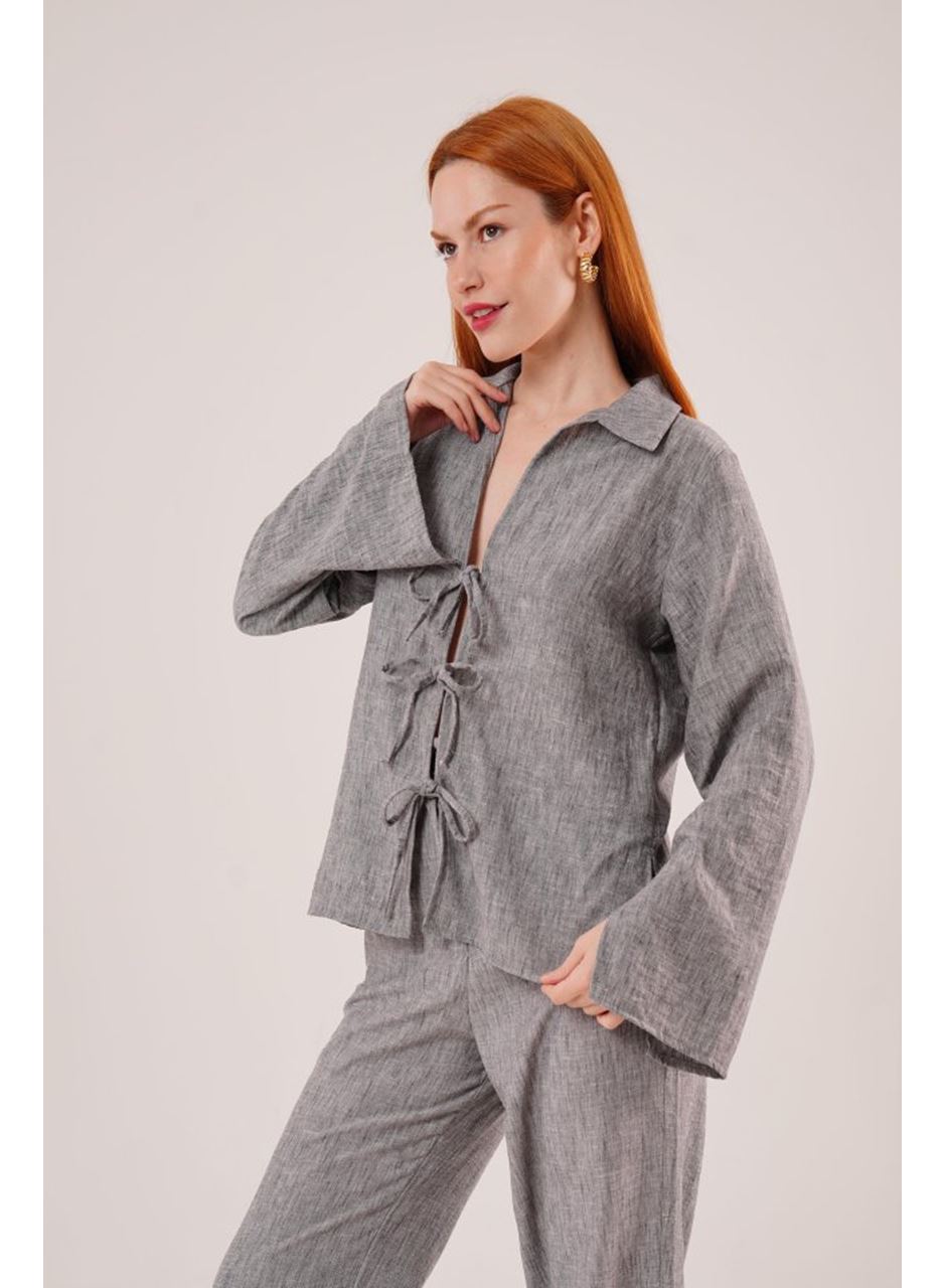 Ön Bağlama Detaylı Pantolon Ve Gömlek Antrasit İkili Takım