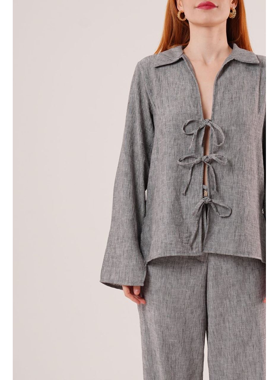 Ön Bağlama Detaylı Pantolon Ve Gömlek Antrasit İkili Takım