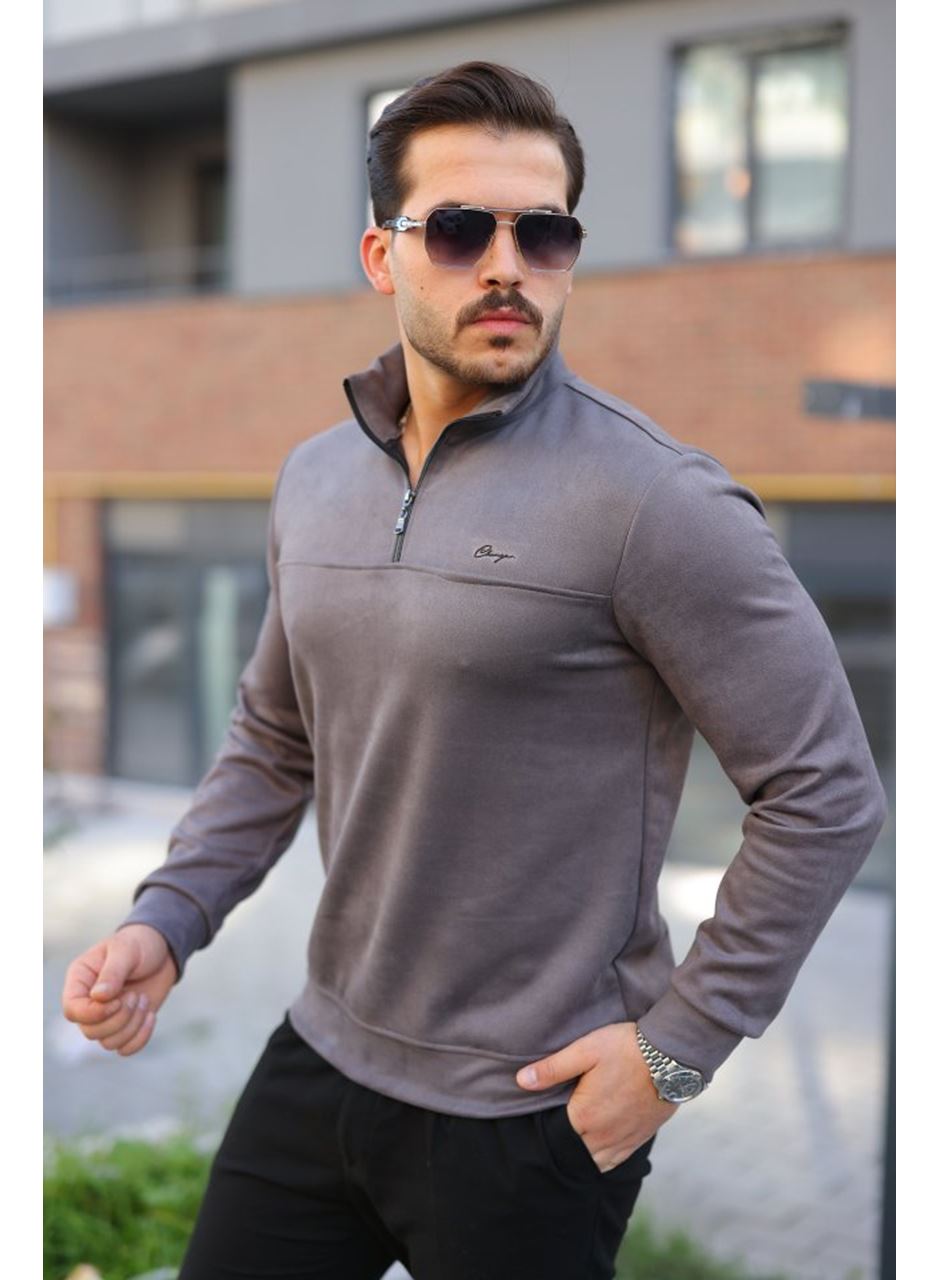 Erkek Süet Yarım Fermuar Dik Yaka Sweat