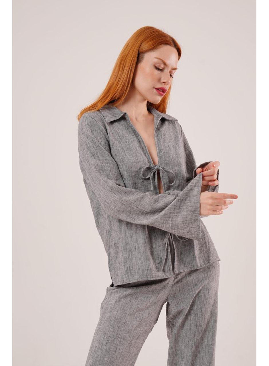 Ön Bağlama Detaylı Pantolon Ve Gömlek Antrasit İkili Takım