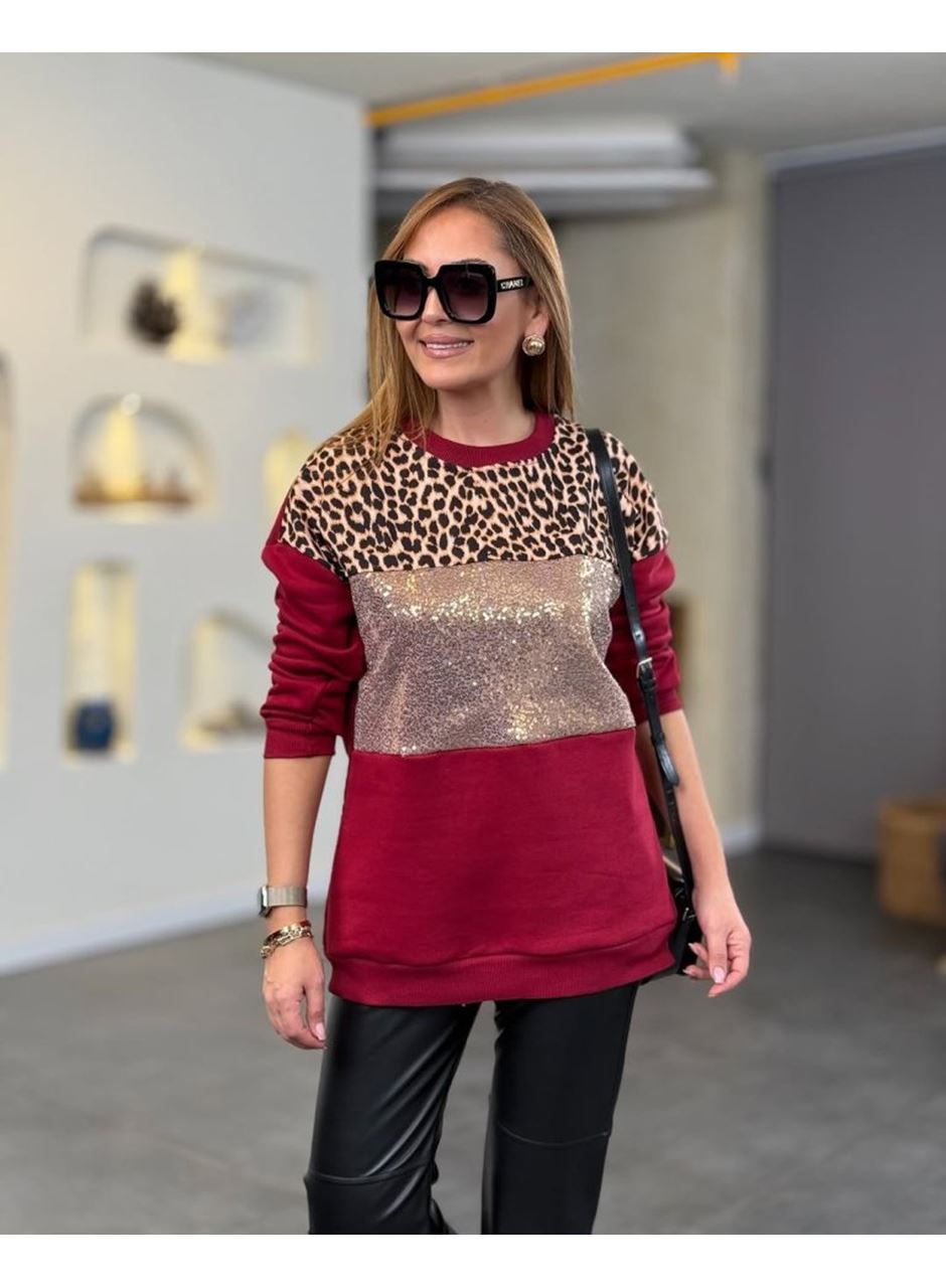Kadın üç Iplik şardonlu Kumaş Leopar Desenli Bluz
