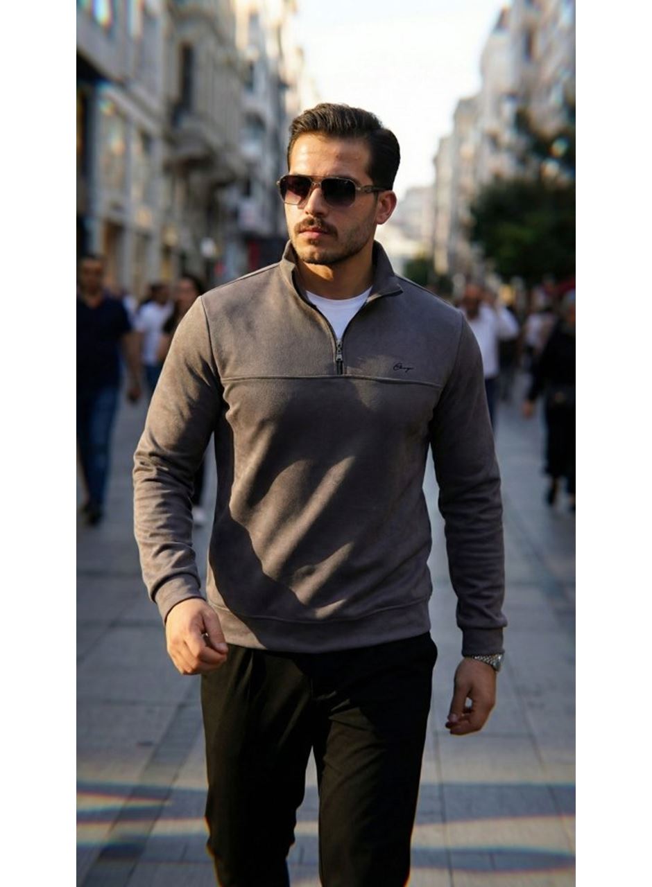 Erkek Süet Yarım Fermuar Dik Yaka Sweat