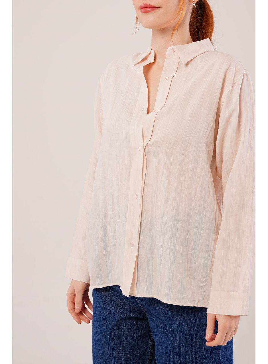 Düğmeli Ve Çizgi Detaylı Krem Gömlek