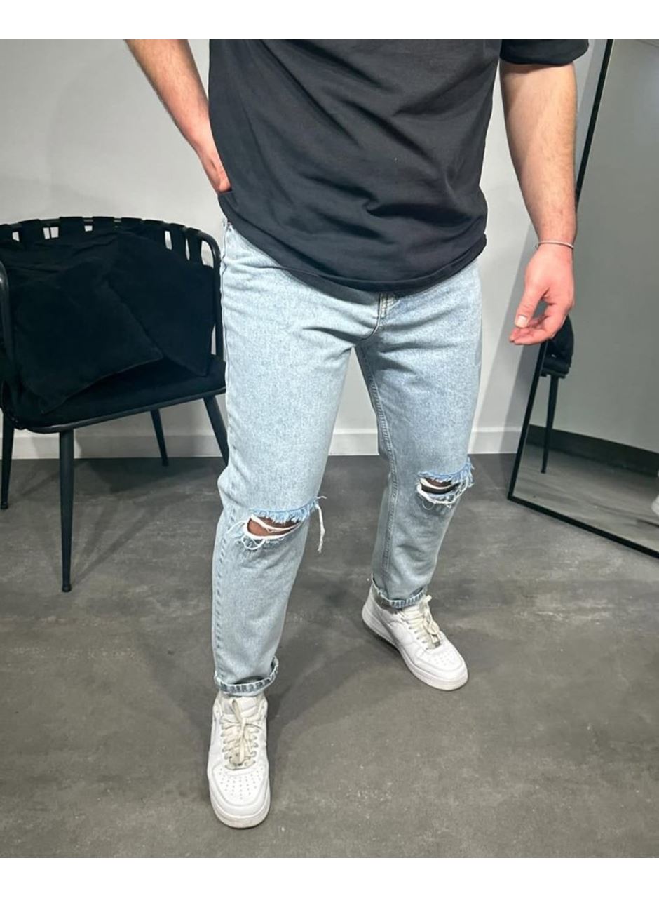 Erkek Buz Mavi Yırtık Detaylı Boyfriend Kalıp Jeans