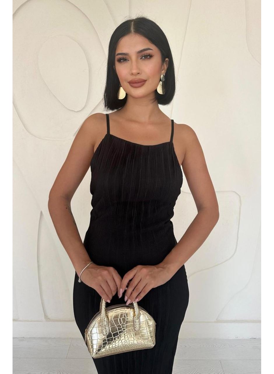 Siyah Piliseli Halter Boyun Elbise