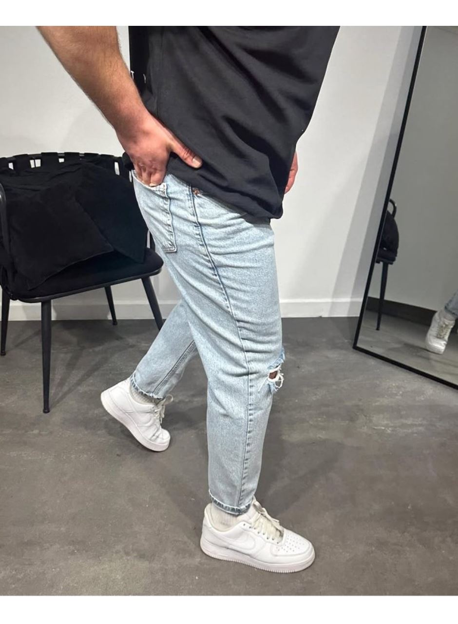 Erkek Buz Mavi Yırtık Detaylı Boyfriend Kalıp Jeans