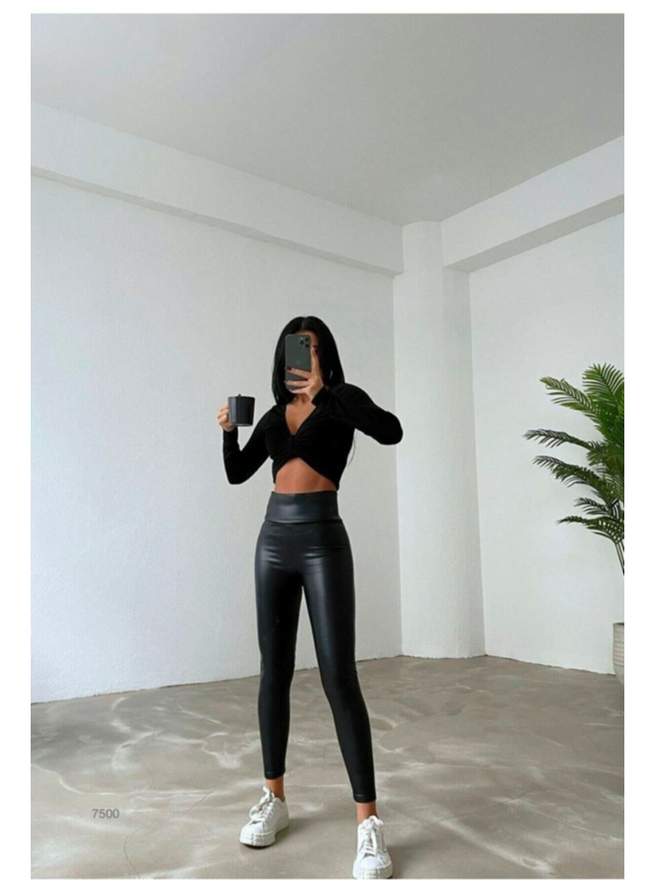 Yüksek Bel Toparlayıcı İçi Şardonlu Deri Tayt