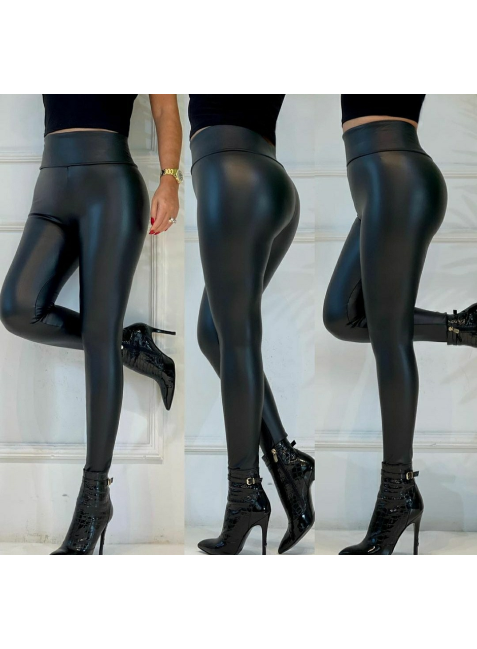 Yüksek Bel Toparlayıcı İçi Şardonlu Deri Tayt