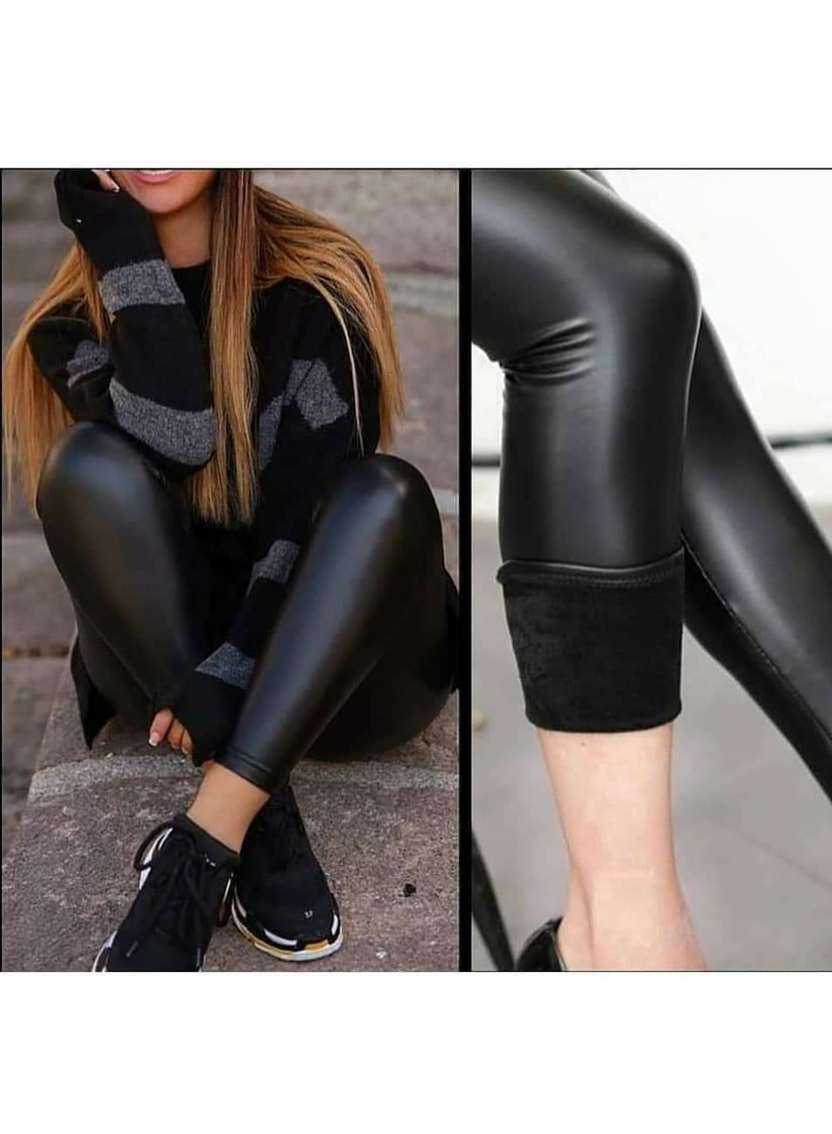 Yüksek Bel Toparlayıcı İçi Şardonlu Deri Tayt