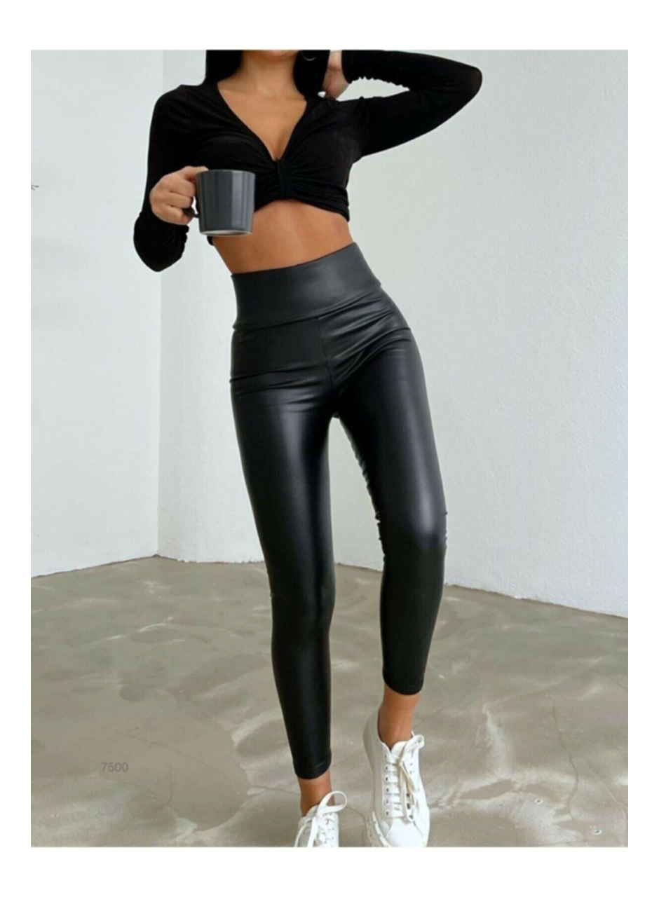 Yüksek Bel Toparlayıcı İçi Şardonlu Deri Tayt