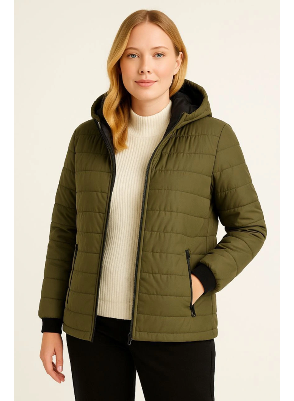 Şişme Kapüşonlu Fermuarlı Mont Su Itici Kapitone Astarlı Kumaş Cepli Kışlık Rahat Kalıp - Haki