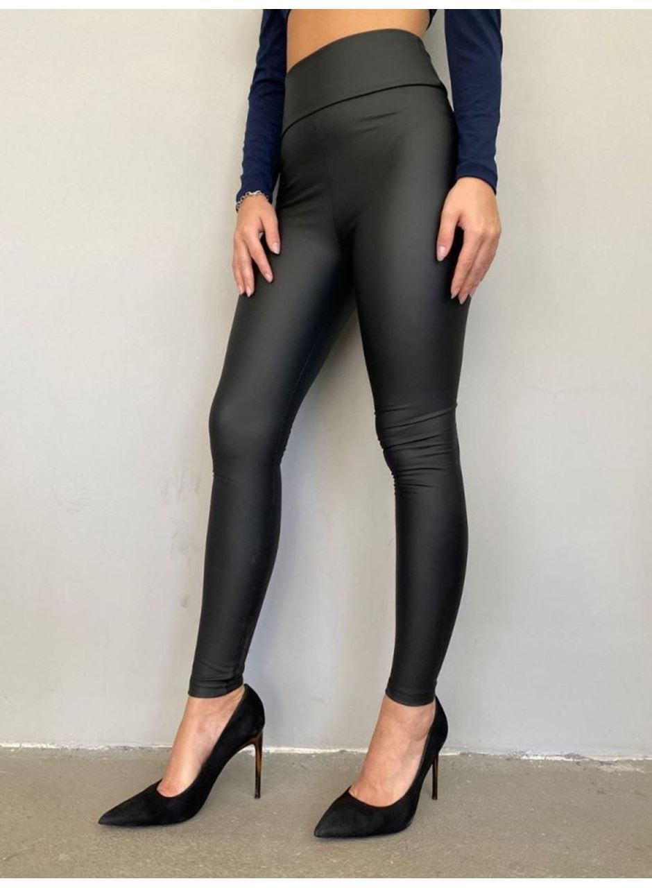 Yüksek Bel Toparlayıcı İçi Şardonlu Deri Tayt