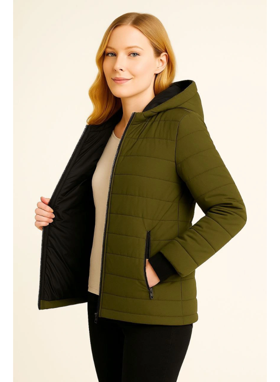 Şişme Kapüşonlu Fermuarlı Mont Su Itici Kapitone Astarlı Kumaş Cepli Kışlık Rahat Kalıp - Haki