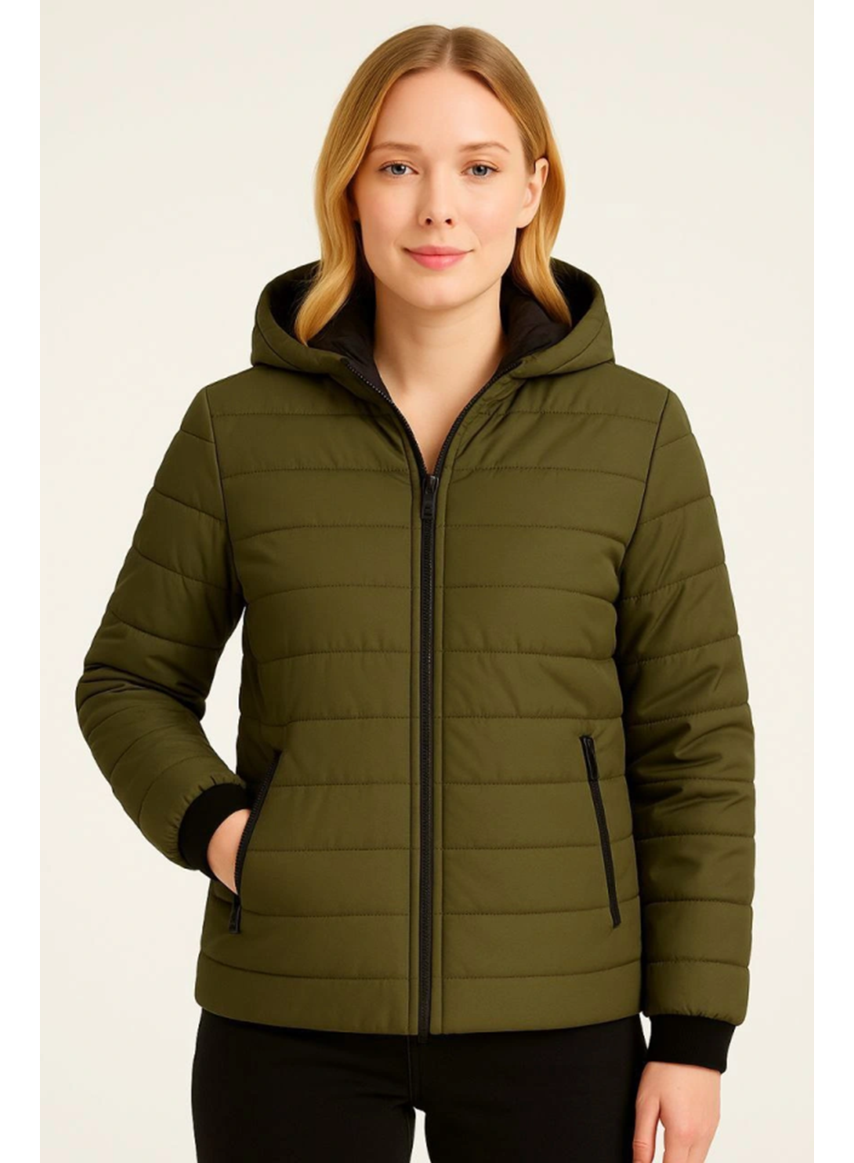 Şişme Kapüşonlu Fermuarlı Mont Su Itici Kapitone Astarlı Kumaş Cepli Kışlık Rahat Kalıp - Haki