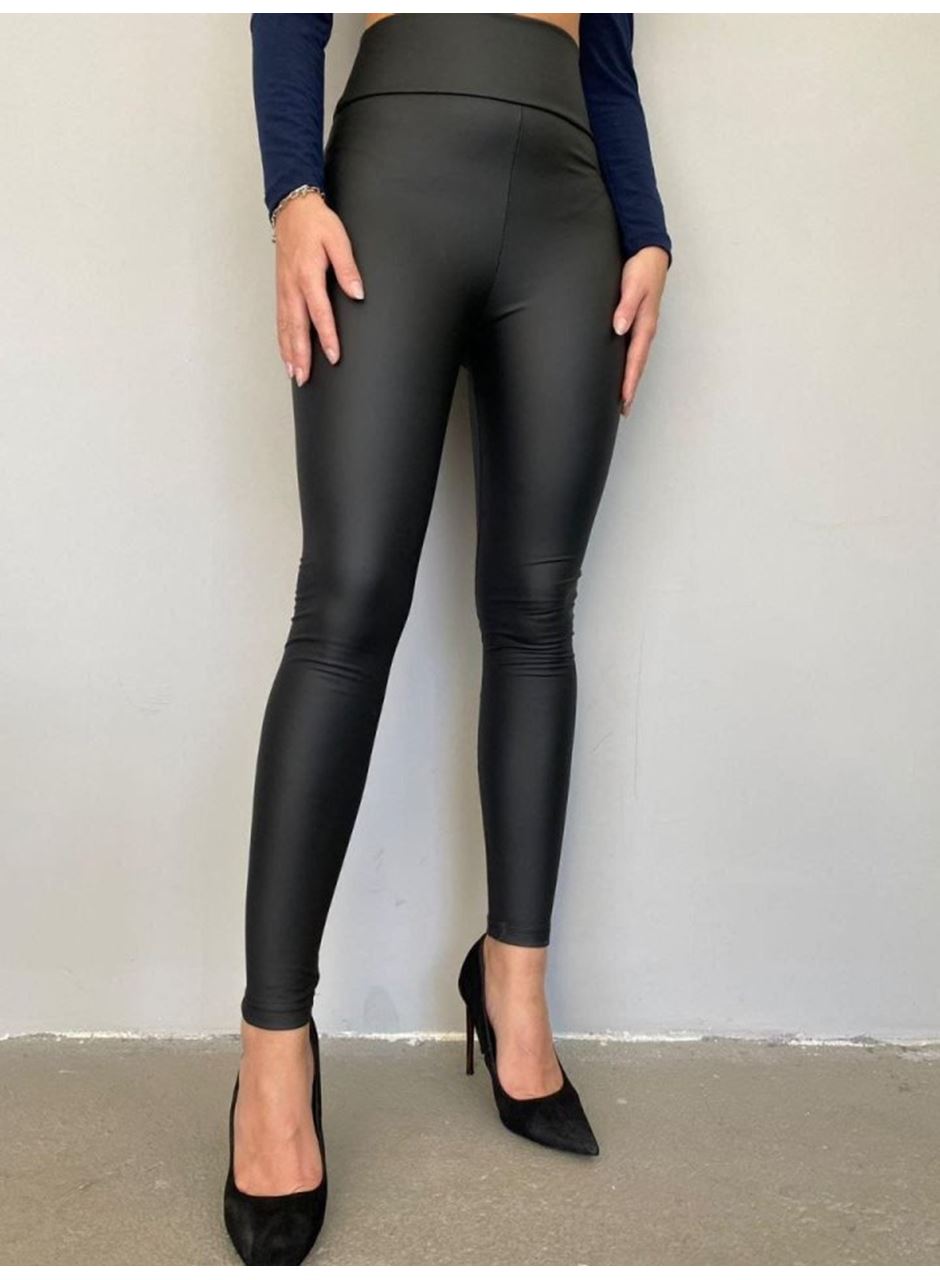 Yüksek Bel Toparlayıcı İçi Şardonlu Deri Tayt