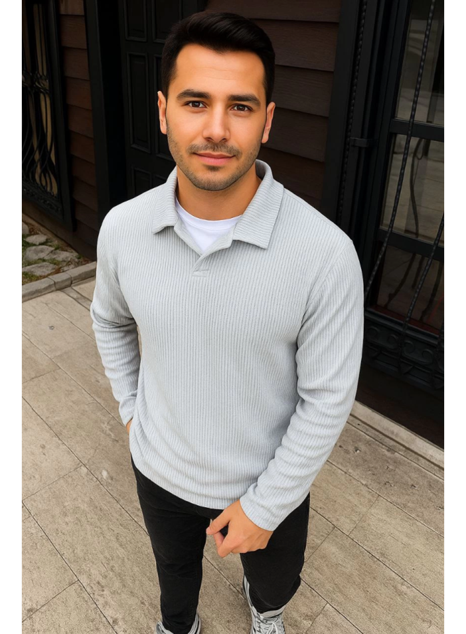 Erkek Fitilli Polar Sweatshirt – Düğmesiz Polo Yaka, Oversize Rahat Kalıp, Kalın Polar Kumaş, Kışlık Ve Baharlık Şık Günlük Üst - Gri