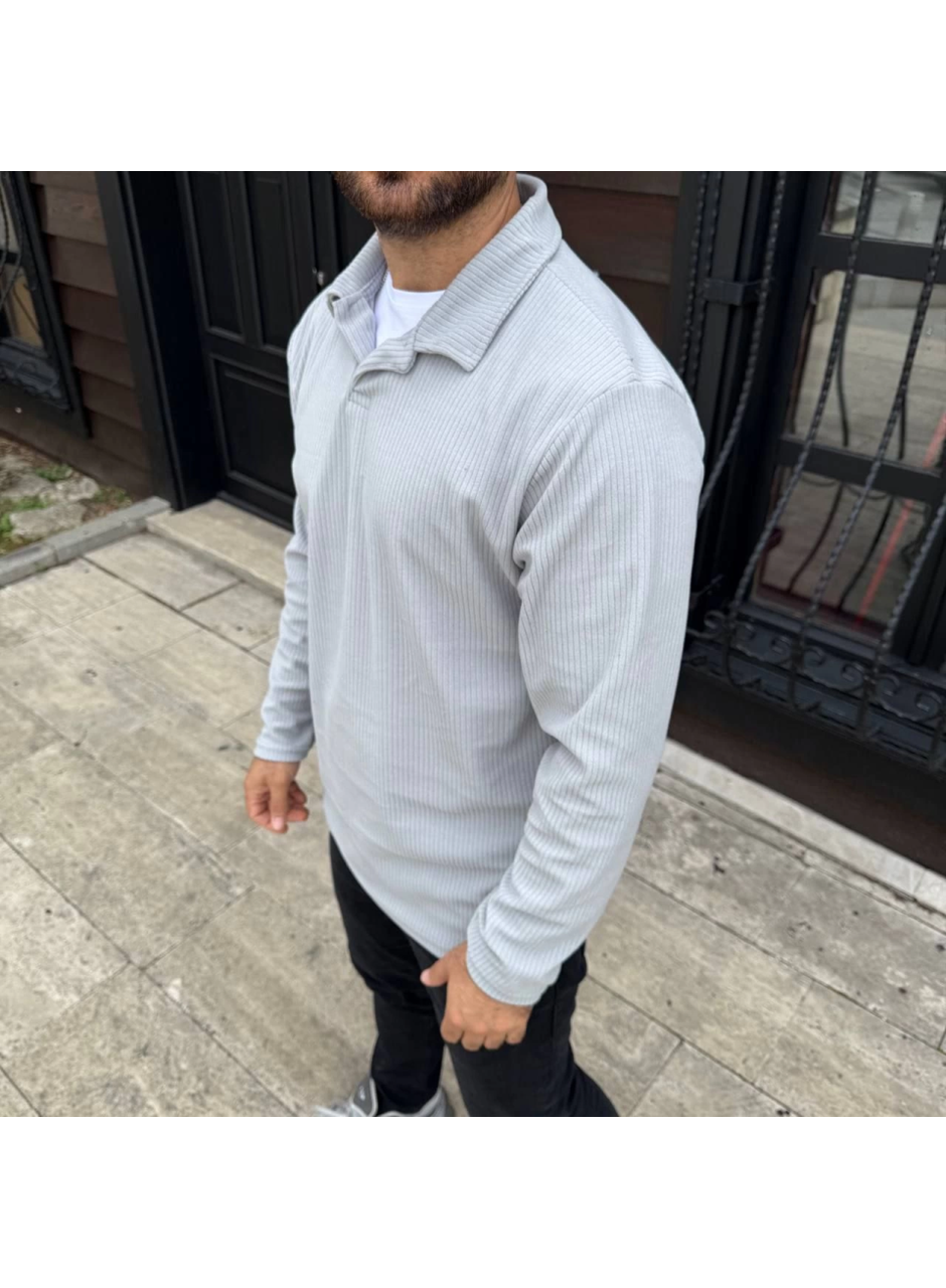 Erkek Fitilli Polar Sweatshirt – Düğmesiz Polo Yaka, Oversize Rahat Kalıp, Kalın Polar Kumaş, Kışlık Ve Baharlık Şık Günlük Üst - Gri