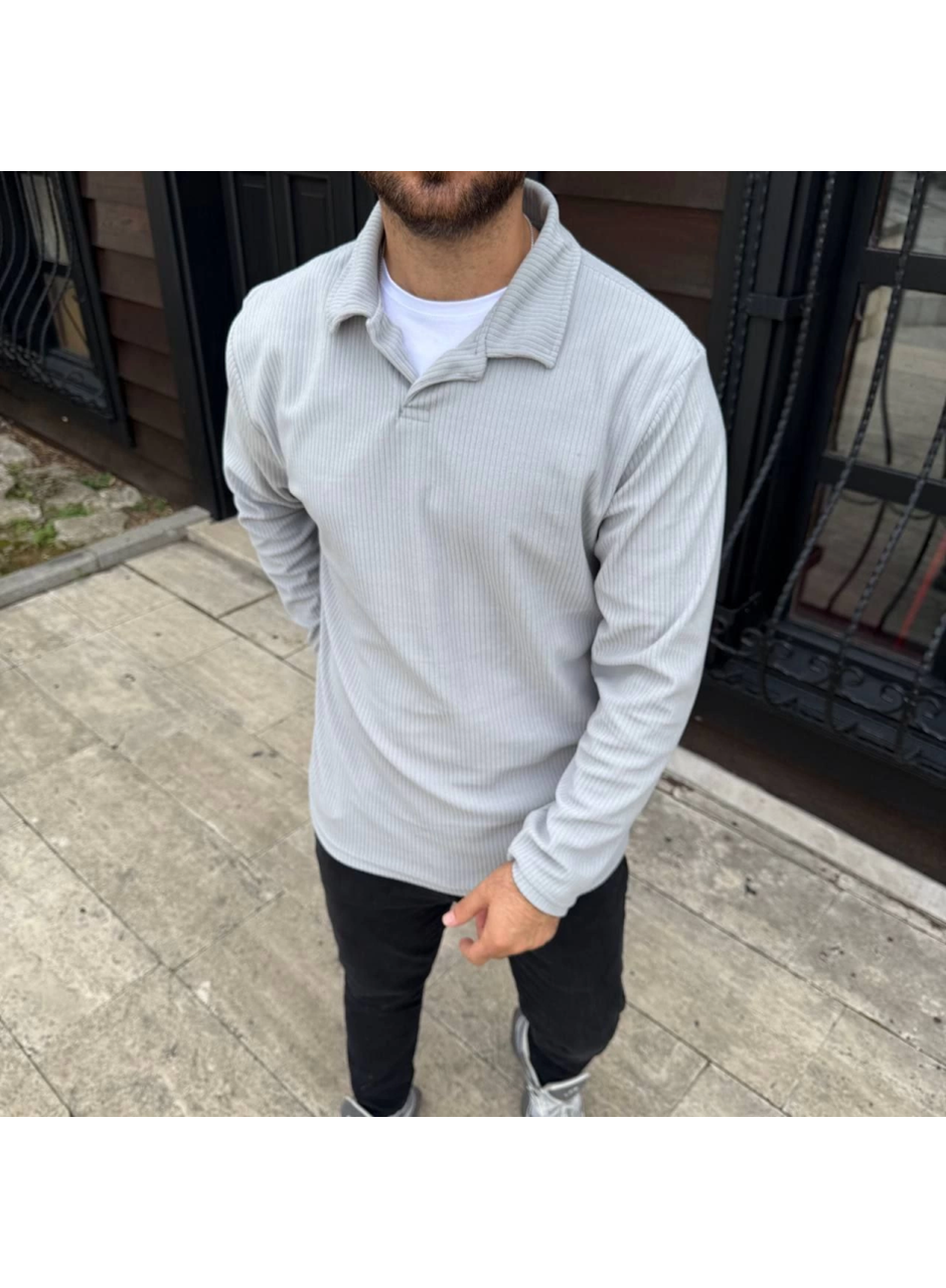 Erkek Fitilli Polar Sweatshirt – Düğmesiz Polo Yaka, Oversize Rahat Kalıp, Kalın Polar Kumaş, Kışlık Ve Baharlık Şık Günlük Üst - Gri