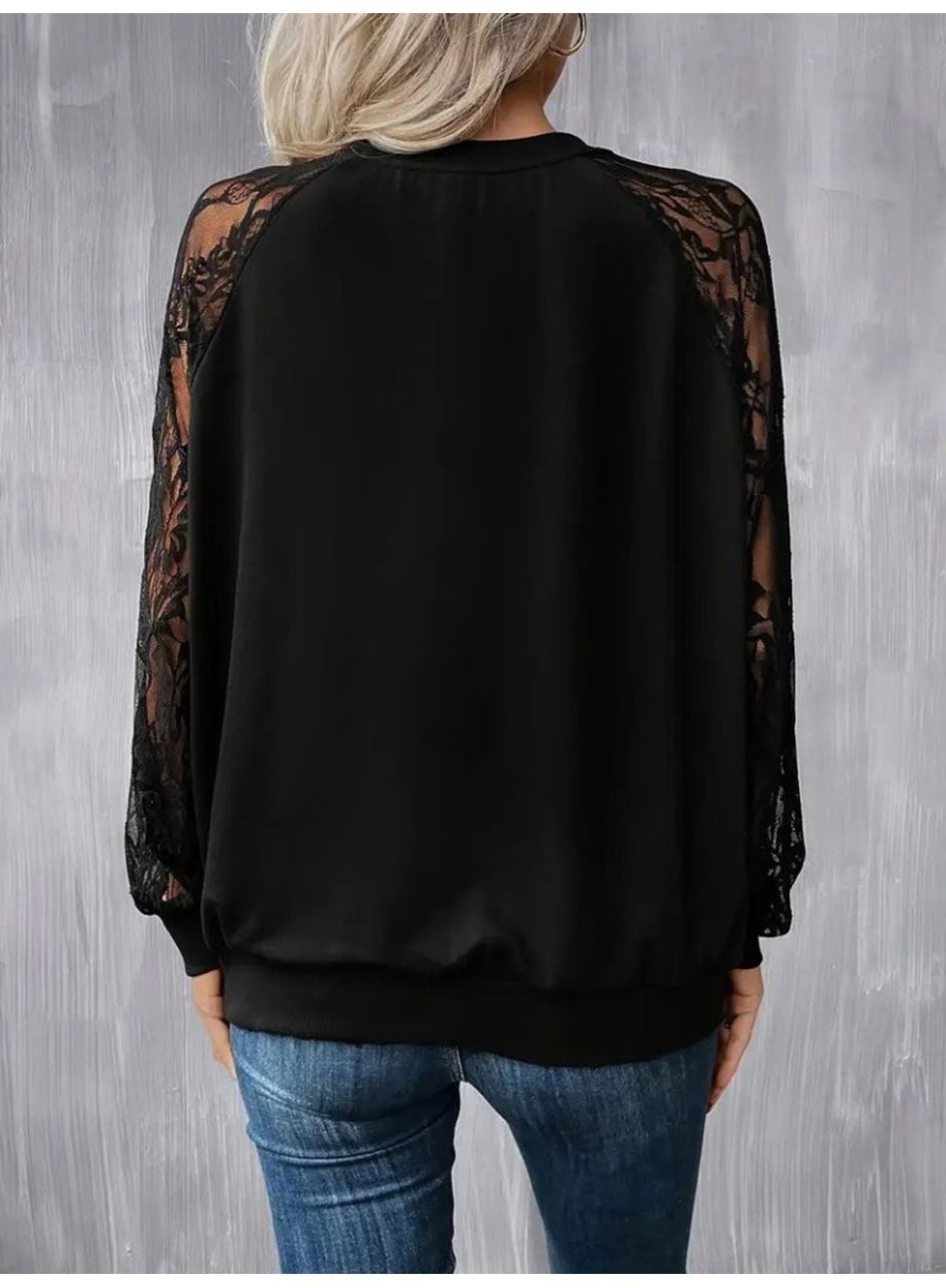 Kadın Uzun Dantel Kollu Bisiklet Yaka Viskon Bluz