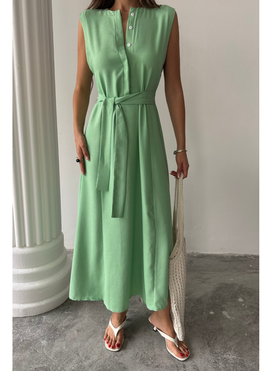 KETEN ELBİSE KOLSUZ BEL BAĞLAMALI MAXİ ELBİSE - Yeşil