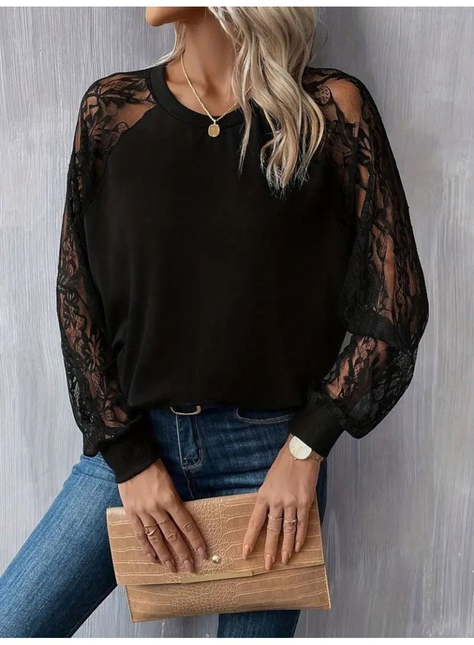 Kadın Uzun Dantel Kollu Bisiklet Yaka Viskon Bluz