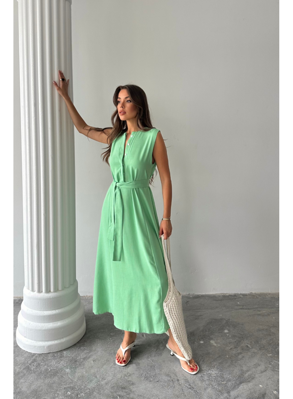 KETEN ELBİSE KOLSUZ BEL BAĞLAMALI MAXİ ELBİSE - Yeşil