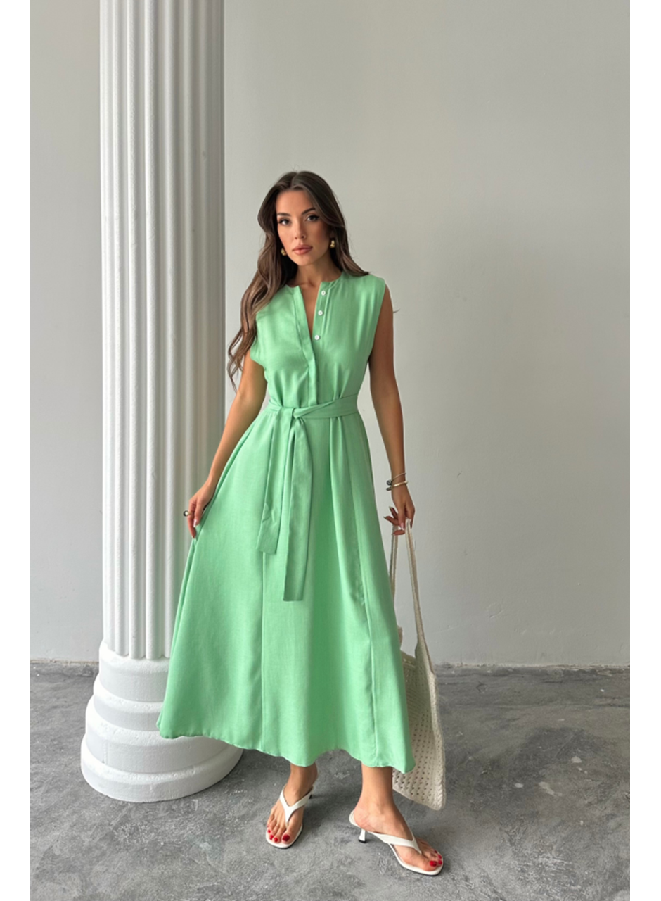 KETEN ELBİSE KOLSUZ BEL BAĞLAMALI MAXİ ELBİSE - Yeşil