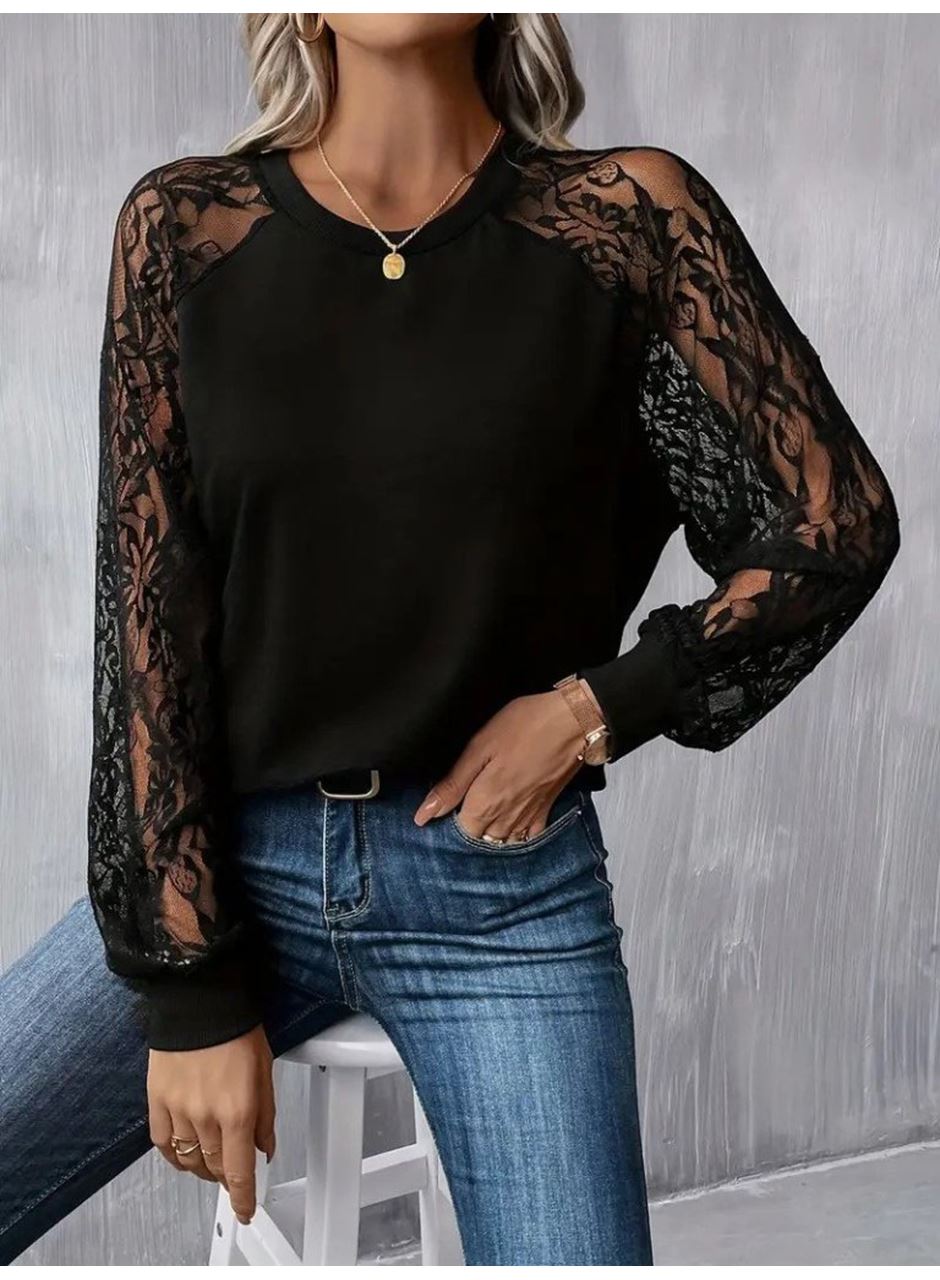 Kadın Uzun Dantel Kollu Bisiklet Yaka Viskon Bluz