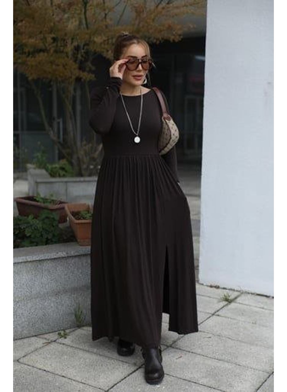 Kadın Kayık Yaka Sırt Dekoltesi Ve Yırtmaç Detay Maxi Boy Elbise