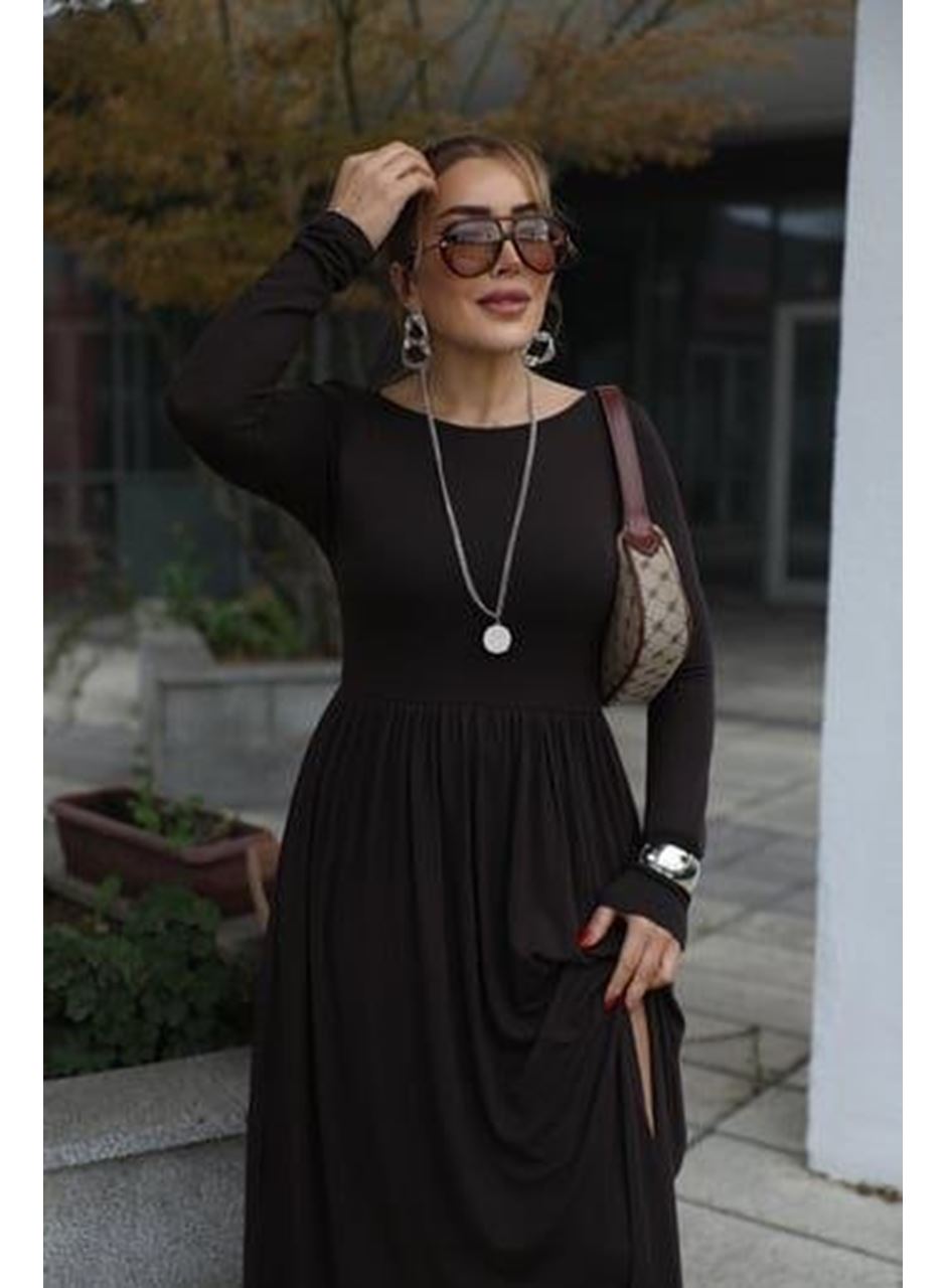 Kadın Kayık Yaka Sırt Dekoltesi Ve Yırtmaç Detay Maxi Boy Elbise