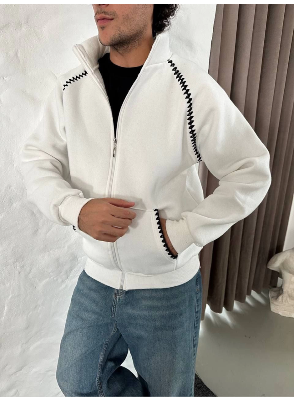 Erkek Oversize Dik Yaka Fermuarlı Sweatshirt - Zincir Nakışli Kanguru Cepli - Beyaz
