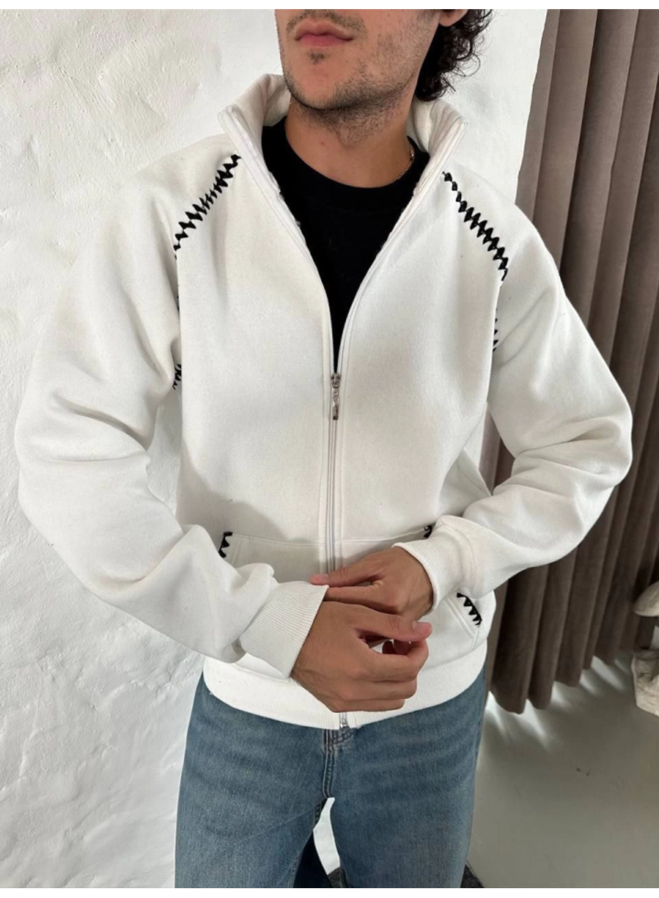 Erkek Oversize Dik Yaka Fermuarlı Sweatshirt - Zincir Nakışli Kanguru Cepli - Beyaz