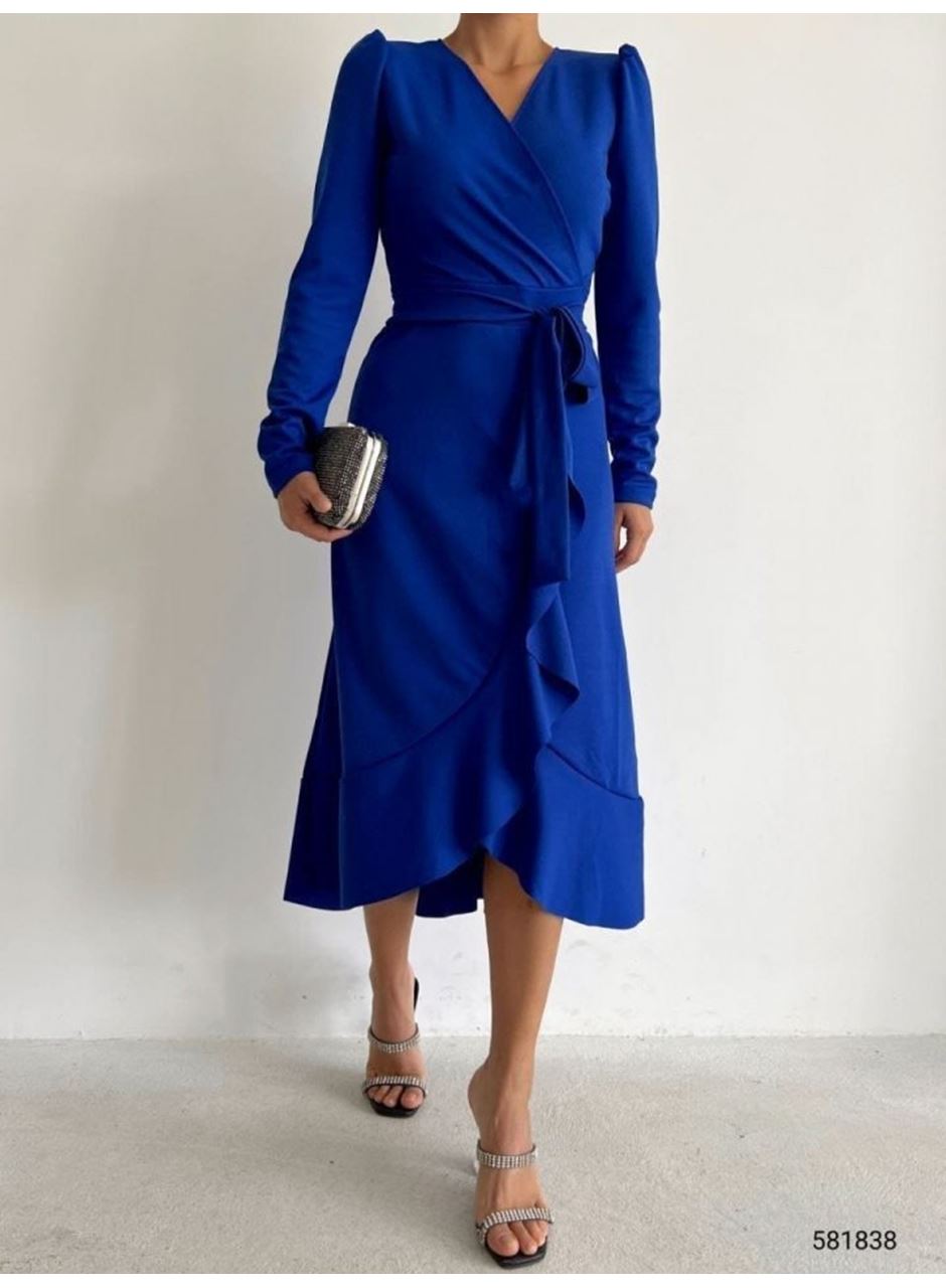 Krep Kumaş Midi Boy Kuşaklı Uzunkol Elbise