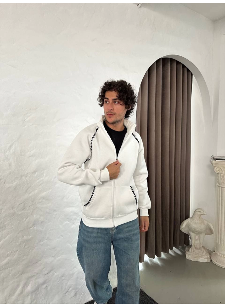Erkek Oversize Dik Yaka Fermuarlı Sweatshirt - Zincir Nakışli Kanguru Cepli - Beyaz