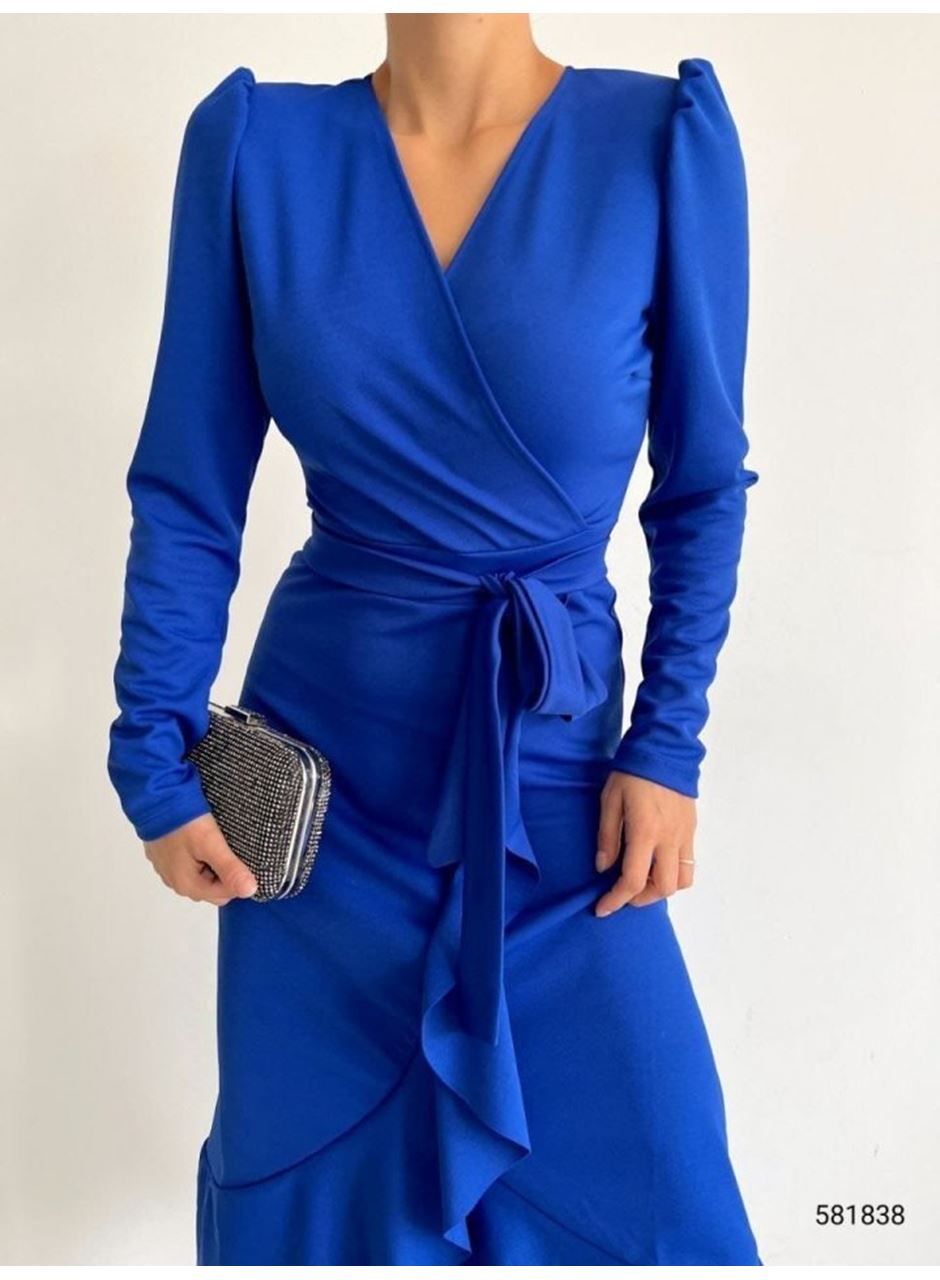 Krep Kumaş Midi Boy Kuşaklı Uzunkol Elbise