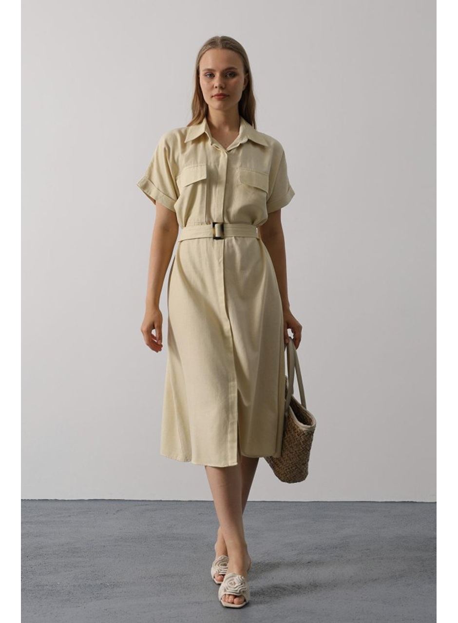 Kuşaklı Cep Detaylı Yarım Kol Elbise - Ekru