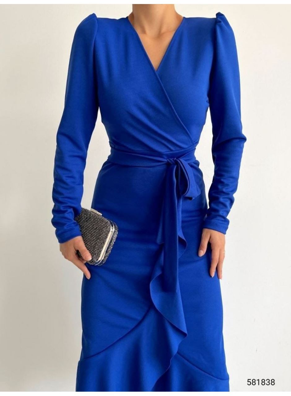 Krep Kumaş Midi Boy Kuşaklı Uzunkol Elbise