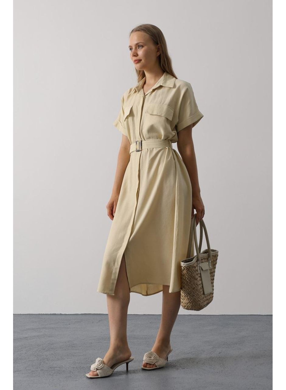 Kuşaklı Cep Detaylı Yarım Kol Elbise - Ekru