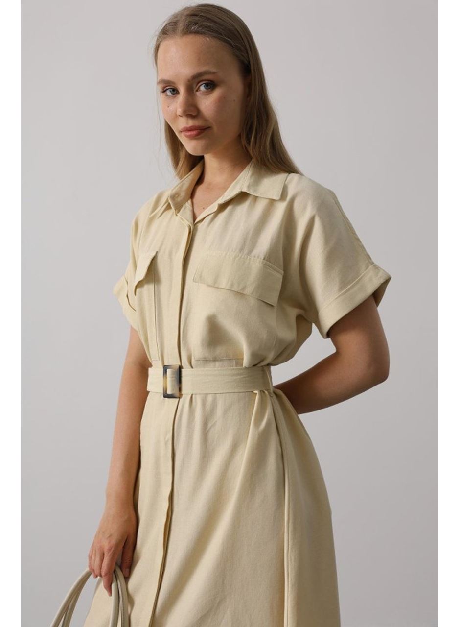 Kuşaklı Cep Detaylı Yarım Kol Elbise - Ekru