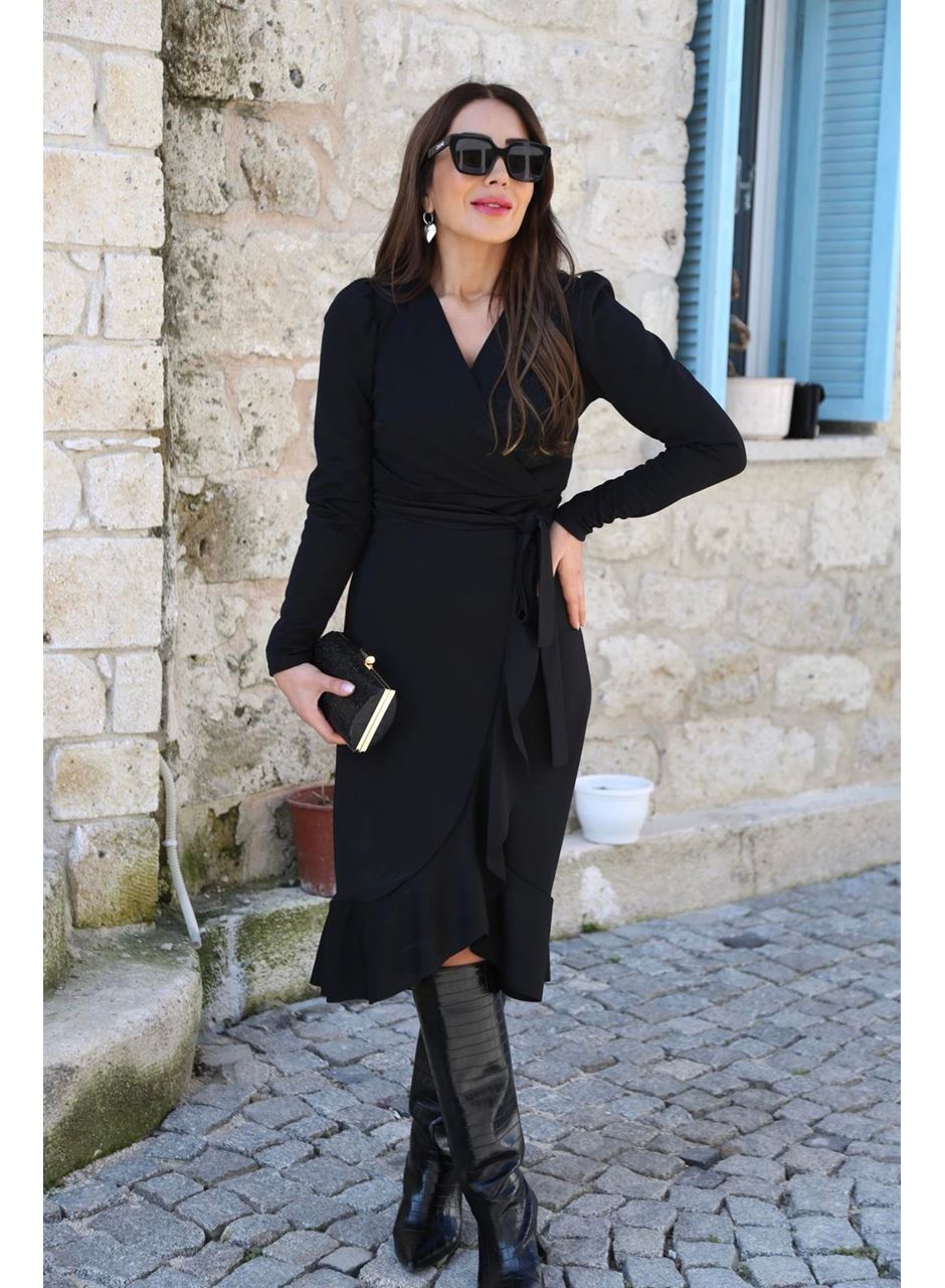 Krep Kumaş Midi Boy Kuşaklı Uzunkol Elbise 113 Cm