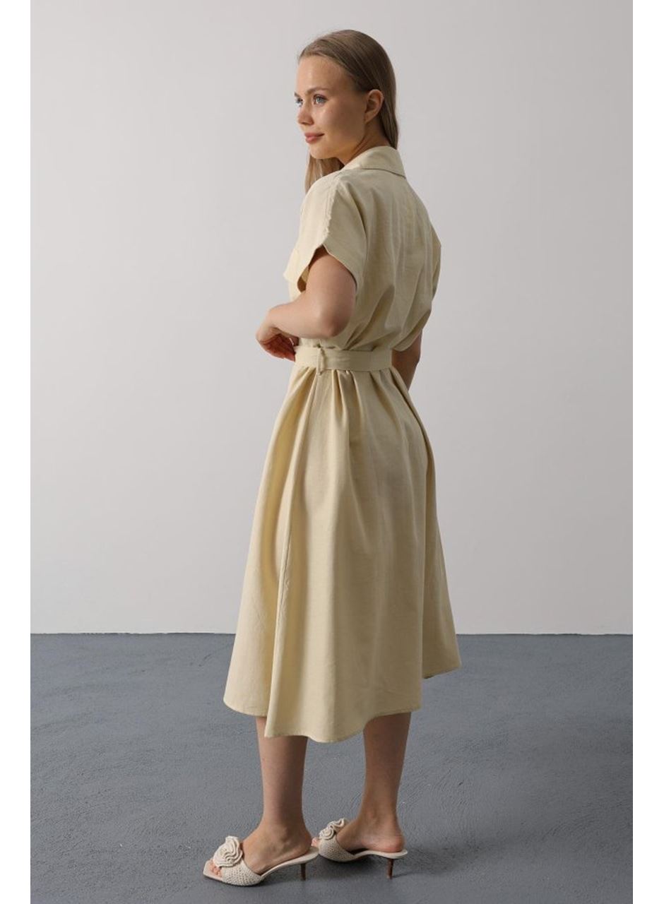 Kuşaklı Cep Detaylı Yarım Kol Elbise - Ekru