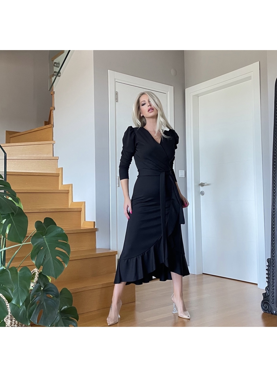 Krep Kumaş Midi Boy Kuşaklı Uzunkol Elbise 113 Cm