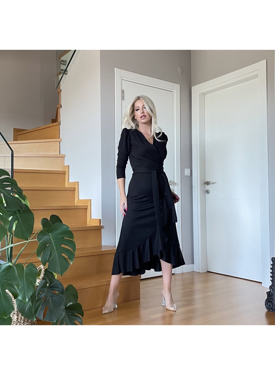 Krep Kumaş Midi Boy Kuşaklı Uzunkol Elbise 113 Cm