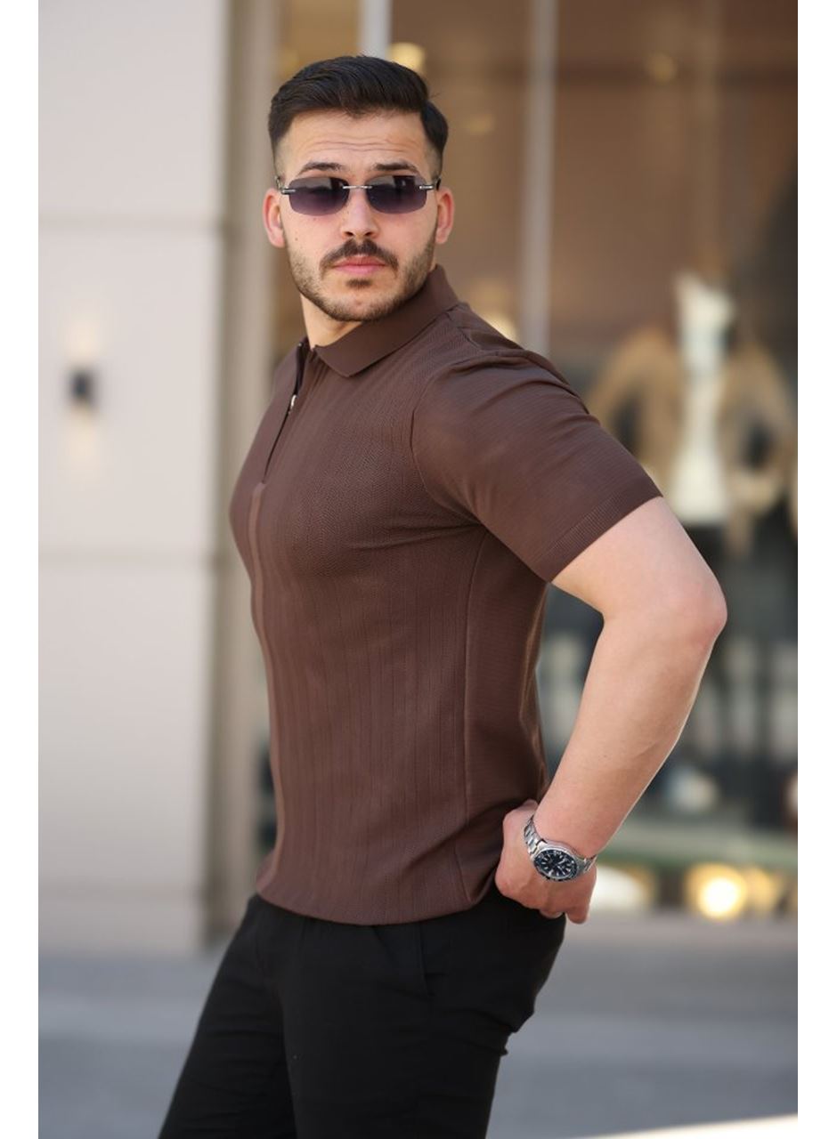 Erkek Yakası Fermuarlı Kısa Kollu T-shirt