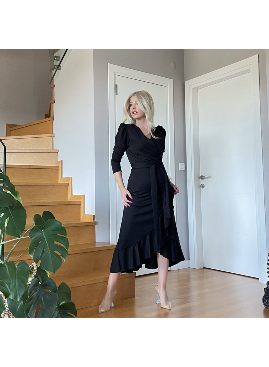 Krep Kumaş Midi Boy Kuşaklı Uzunkol Elbise 113 Cm